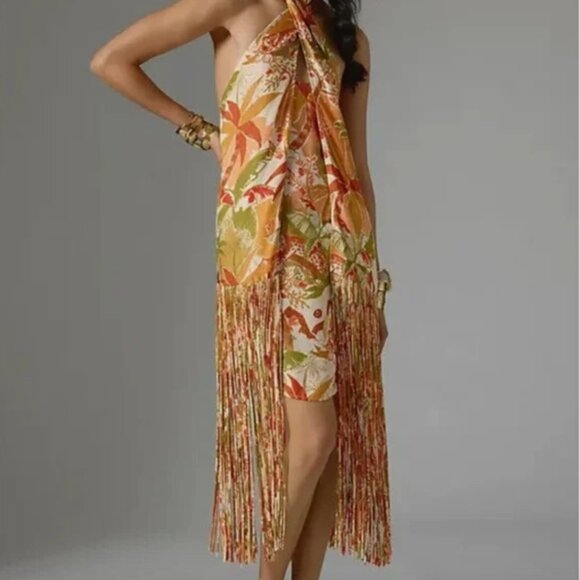 NWT Farm Rio Leopard Forest Sand Halter Neck Fringed Mini Dress Orange Print - Picture 12 of 12